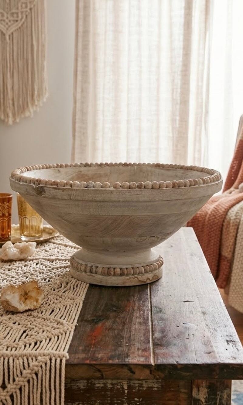 Boho Meets Coastal White-Washed Beaded Mango Wood Pedestal Centerpiece Bowl
